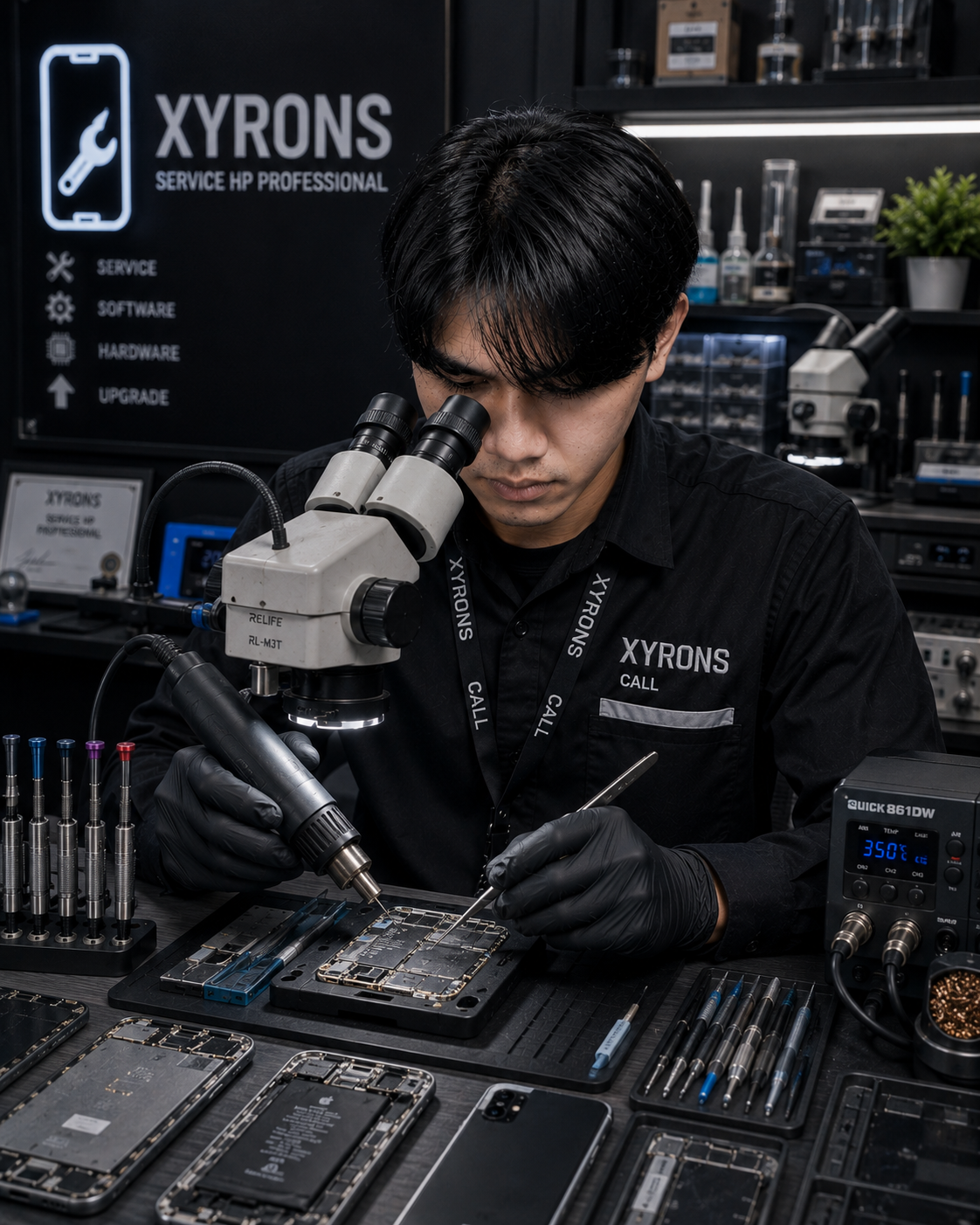 Xyron working on a smartphone motherboard under a microscope